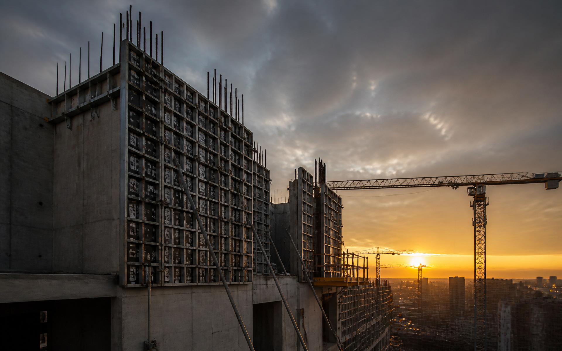 Concrete high-rise under construction with modular formwork panels at dusk